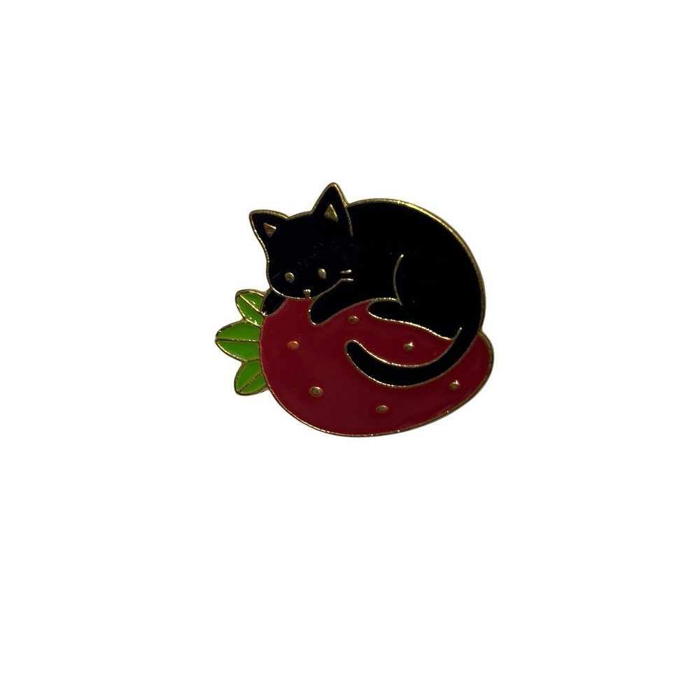 Vintage Gold Tone Enamel Black Kitty Cat Kitten Strawberry Brooch Lapel Pin